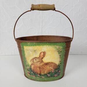 Vintage Metal Bucket Handle Easter Bunny Rabbit Decorative Can Pale Rustic
